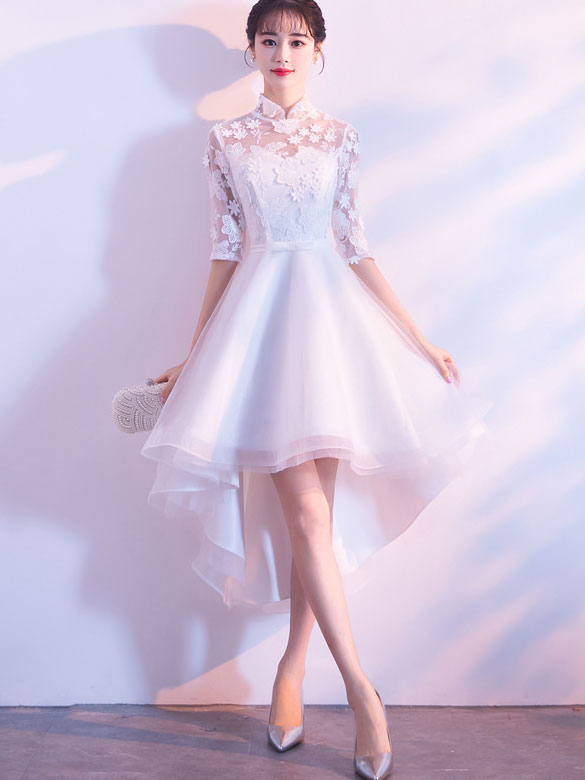 White High Low Hem Cheongsam Qi Pao Bridesmaid Dress
