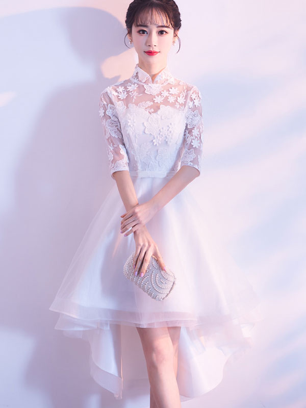 White High Low Hem Cheongsam Qi Pao Bridesmaid Dress