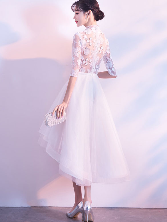 White High Low Hem Cheongsam Qi Pao Bridesmaid Dress