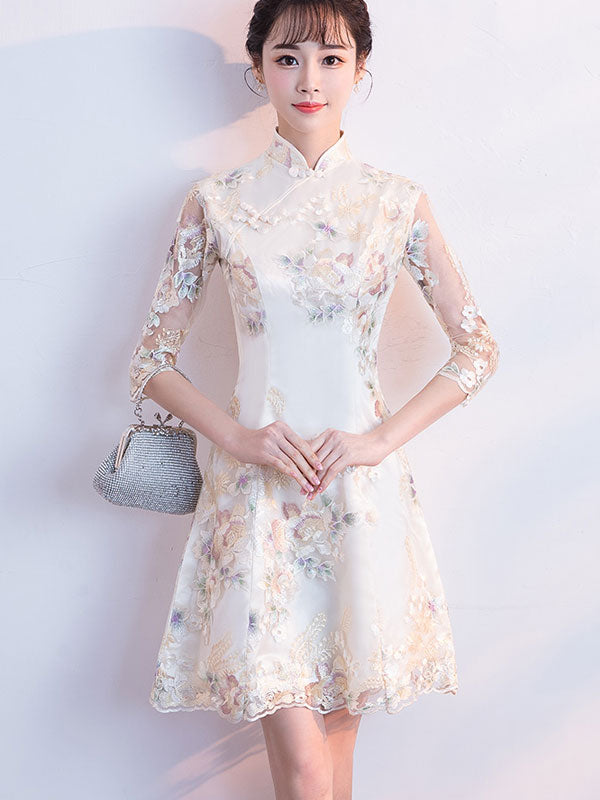Champagne Embroidered A-line Cheongsam Qi Pao Dress