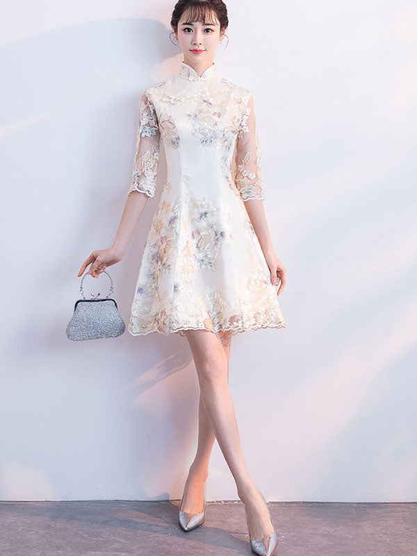 Champagne Embroidered A-line Cheongsam Qi Pao Dress
