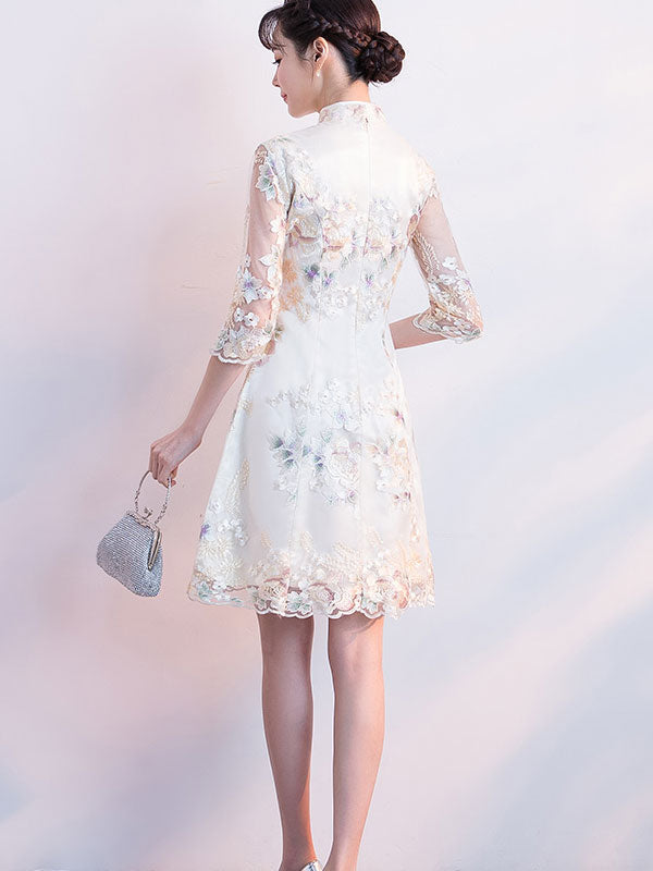 Champagne Embroidered A-line Cheongsam Qi Pao Dress