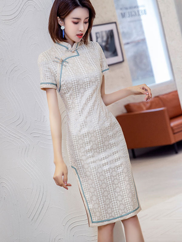 2021 Beige Lace Modern Cheongsam Qi Pao Dress