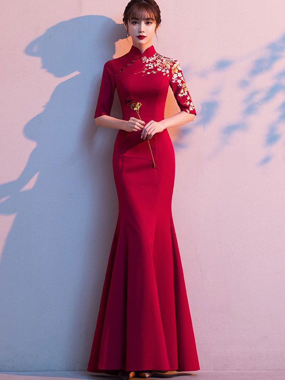 chinese dress ladies Runway Elegance – Luxury New Chinese Style Mermaid Train Gold Qipao E Brocade Dragon Robe Trailing / If You Need to Customize, Click Here to Place An main image 0
