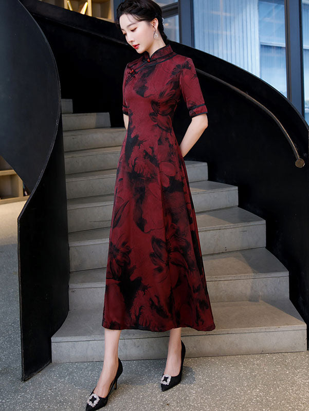 Red Floral Fit & Flare Cheongsam Qi Pao Dress - IMALLURE XXL Red Floral Fit & Flare Cheongsam Qi Pao Dress - IMALLURE XXL