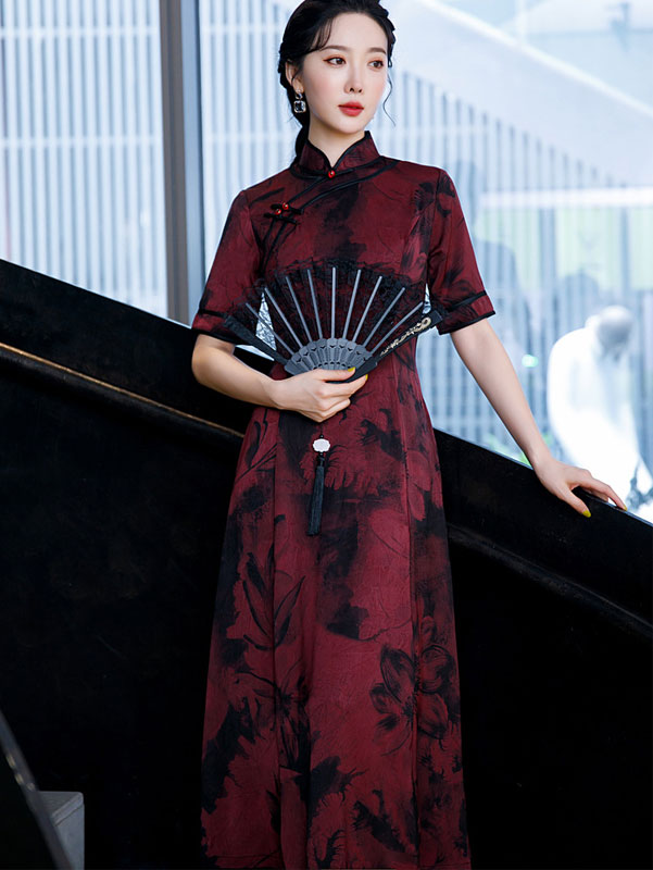 Red Floral Fit & Flare Cheongsam Qi Pao Dress