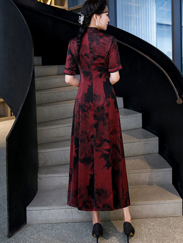 Red Floral Fit & Flare Cheongsam Qi Pao Dress