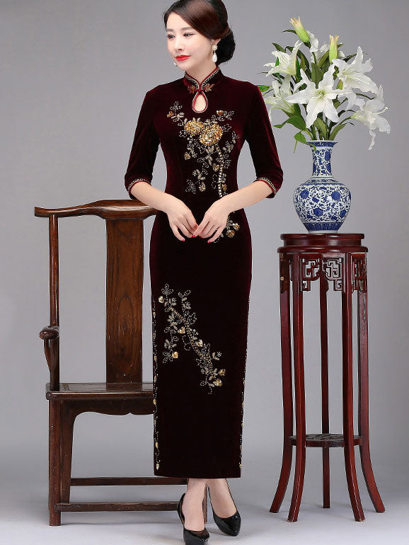Mothers Maxi Velvet Cheongsam Qi Pao Dress with Beaded Floral