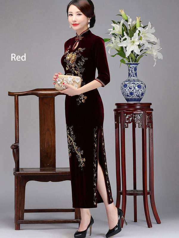 Mothers Maxi Velvet Cheongsam Qi Pao Dress with Beaded Floral