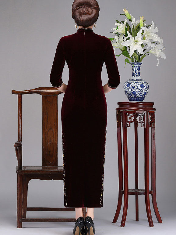 Mothers Maxi Velvet Cheongsam Qi Pao Dress with Beaded Floral