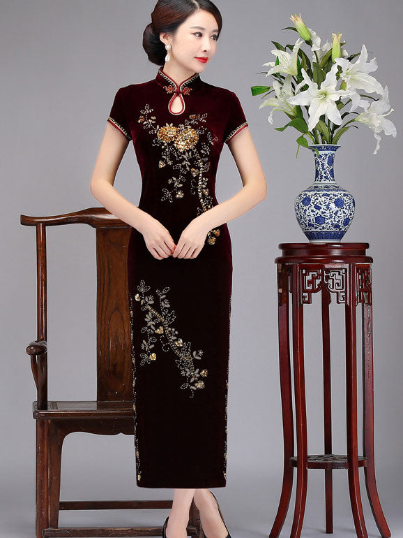 Mothers Maxi Velvet Cheongsam Qi Pao Dress with Beaded Floral