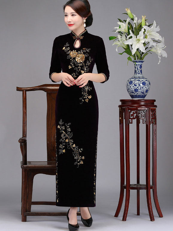 Mothers Maxi Velvet Cheongsam Qi Pao Dress with Beaded Floral