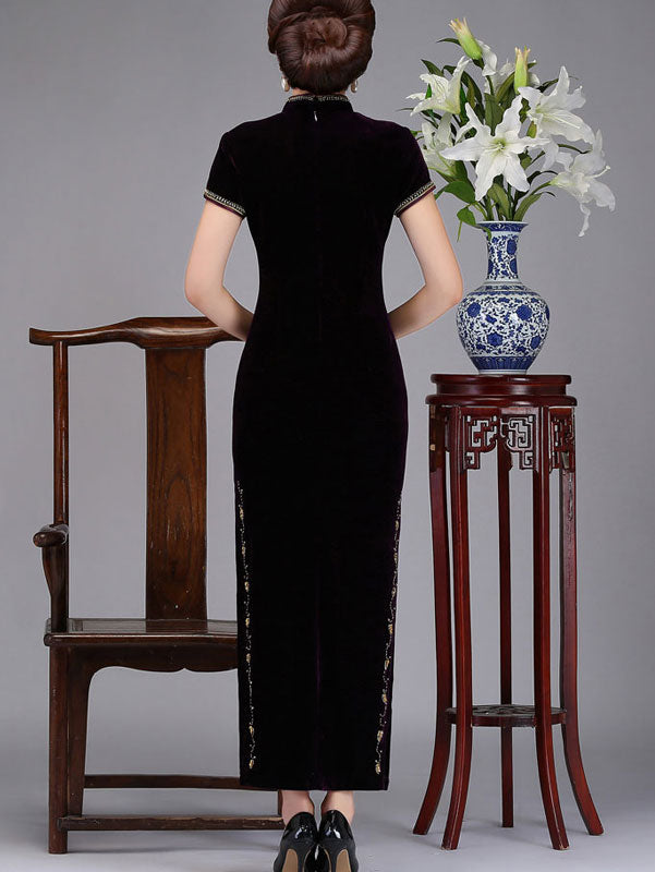 Mothers Maxi Velvet Cheongsam Qi Pao Dress with Beaded Floral