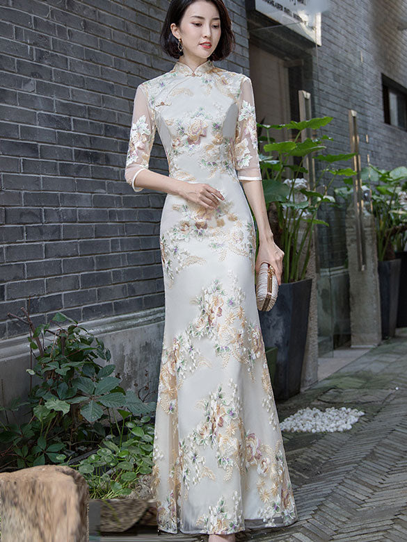 qipao formal dress Embroidered Full Length Fishtail Qi Pao Cheongsam Prom Dress Custom Made