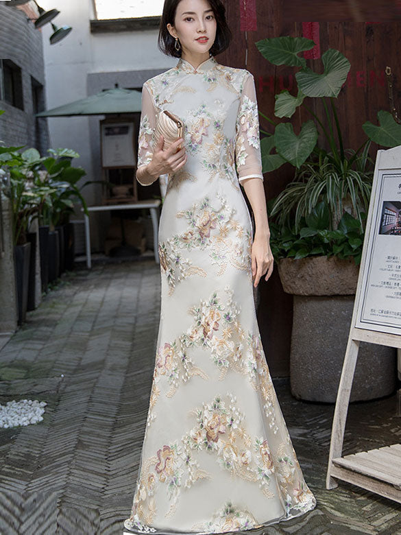 Embroidered Full Length Fishtail Qi Pao Cheongsam Prom Dress