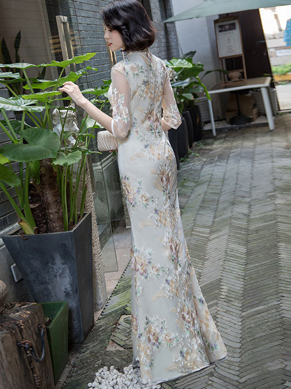 Embroidered Full Length Fishtail Qi Pao Cheongsam Prom Dress