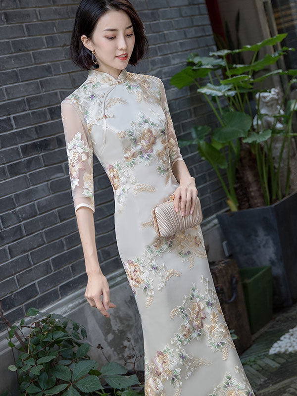 Embroidered Full Length Fishtail Qi Pao Cheongsam Prom Dress