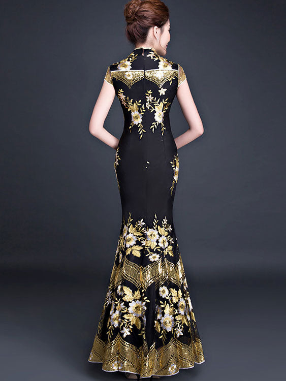 Black Embroidered Fishtail Cheongsam Qi Pao Dress