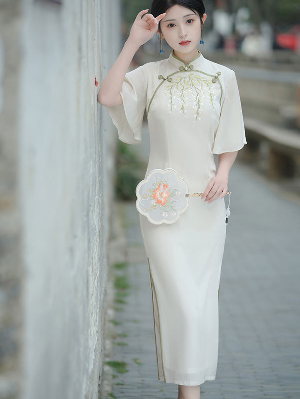 white christmas dresses 2026 Embroidered Chiffon Bell Sleeve Cheongsam Qi Pao Dress