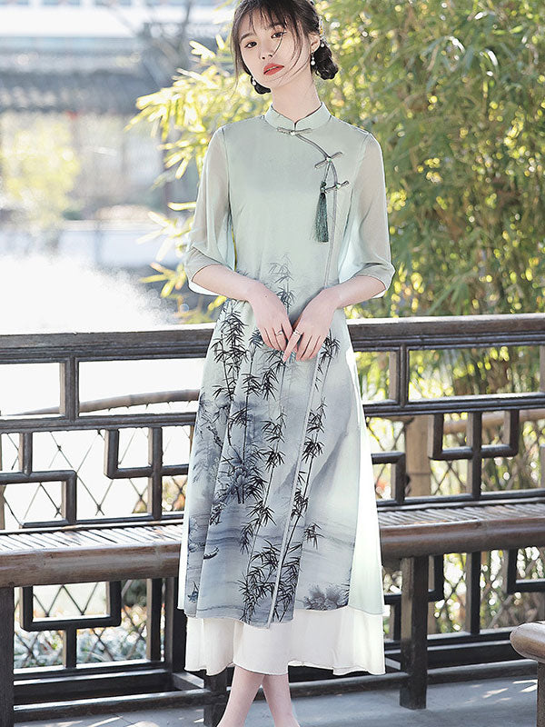 White Green Bamboo Print A-Line Cheongsam Qi Pao Dress - IMALLURE S / White White Green Bamboo Print A-Line Cheongsam Qi Pao Dress - IMALLURE S / White