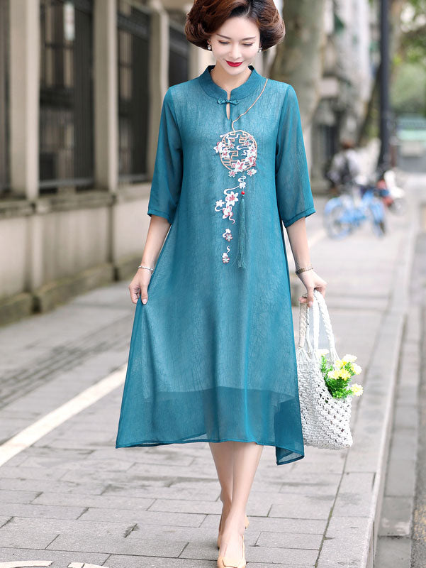 Pink Blue Mothers Embroidered Chiffon Cheongsam Qi Pao Dress