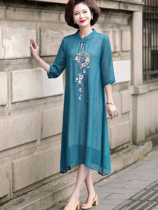 Pink Blue Mothers Embroidered Chiffon Cheongsam Qi Pao Dress