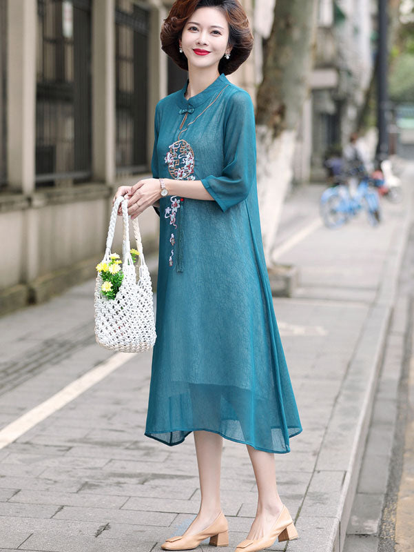 Pink Blue Mothers Embroidered Chiffon Cheongsam Qi Pao Dress