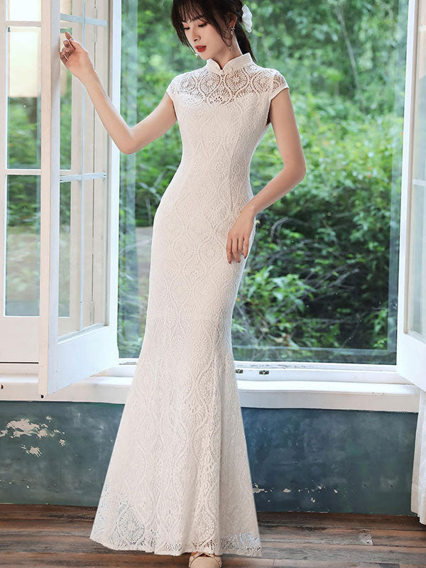 White Lace Fishtail Bride Cheongsam Qi Pao Dress - IMALLURE L White Lace Fishtail Bride Cheongsam Qi Pao Dress - IMALLURE L