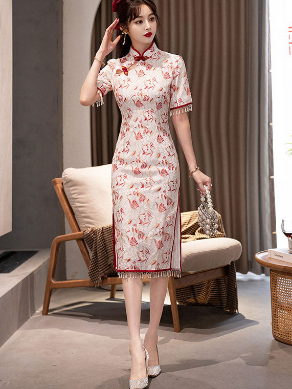 Floral Lace Mid Modern Cheongsam Qi Pao Dress - IMALLURE M Floral Lace Mid Modern Cheongsam Qi Pao Dress - IMALLURE M