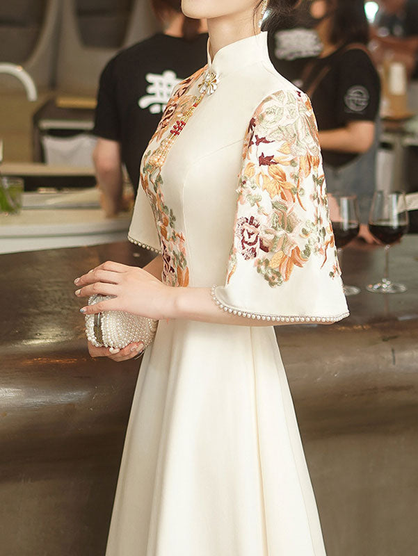 Beige Red Embroidered A-Line Mid Qi Pao Cheongsam Wedding Dress