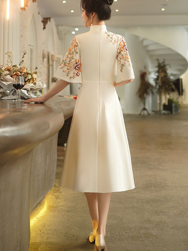 Beige Red Embroidered A-Line Mid Qi Pao Cheongsam Wedding Dress