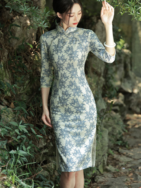 2026 Winter Blue Floral Lace Mid Qi Pao Cheongsam Dress