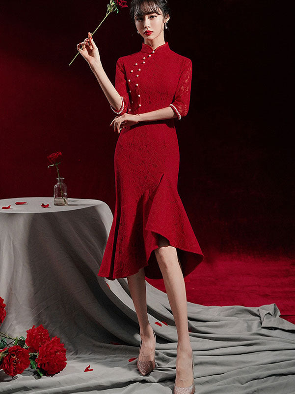 fishtail burgundy dress Burgundy Evening Dress | Women Mermaid High-Low Dresses with Ruffles
