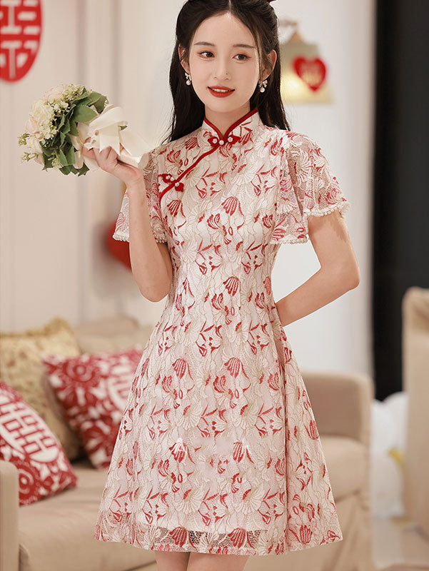 Pink Jacquard Flutter Sleeve Cheongsam Qi Pao Dress