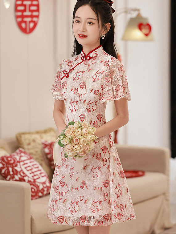 Floral Lace Flutter Sleeve A-line Cheongsam Qi Pao Dress