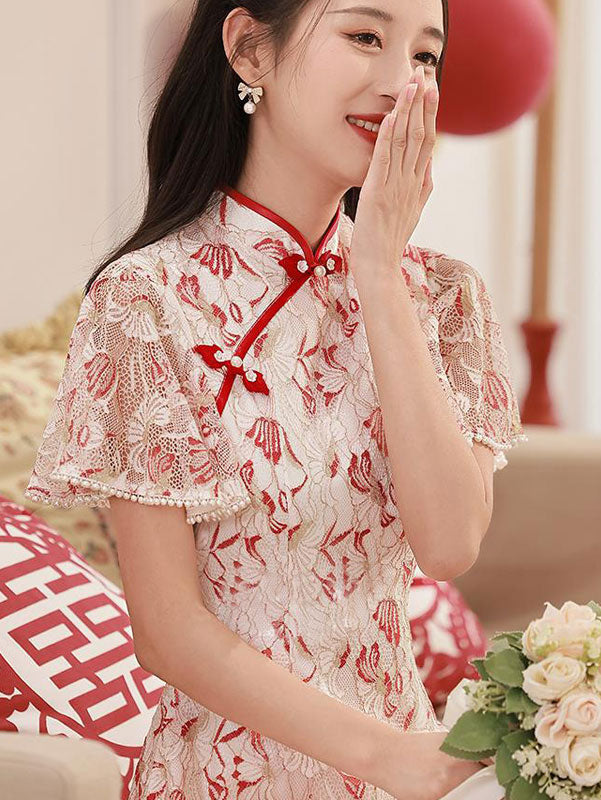 Floral Lace Flutter Sleeve A-line Cheongsam Qi Pao Dress