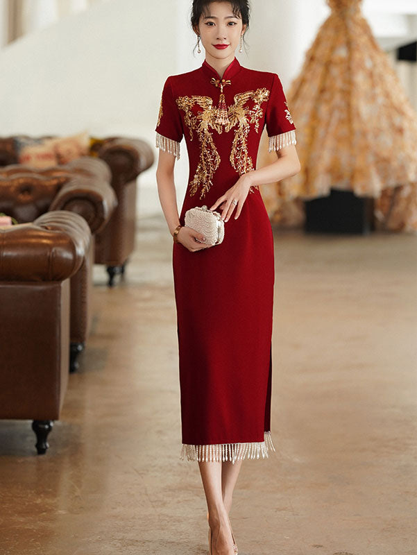 Burgundy Beaded Tea Wedding Cheongsam Qi Pao Dress - IMALLURE imallure Burgundy Beaded Tea Wedding Cheongsam Qi Pao Dress - IMALLURE imallure
