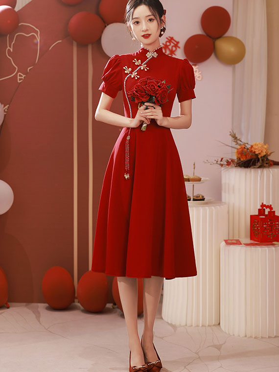 Burgundy A-Line Puff Sleeve Wedding Cheongsam Qi Pao Dress - IMALLURE XXL Burgundy A-Line Puff Sleeve Wedding Cheongsam Qi Pao Dress - IMALLURE XXL
