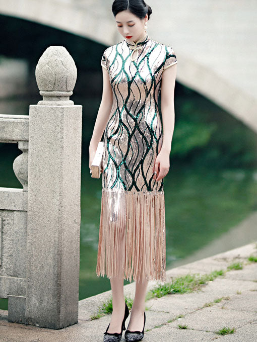 Stripe Sequined Cheongsam Qipao Evening Dress With Tassels Hem 3XL / Green Stripe Sequined Cheongsam Qipao Evening Dress With Tassels Hem 3XL / Green