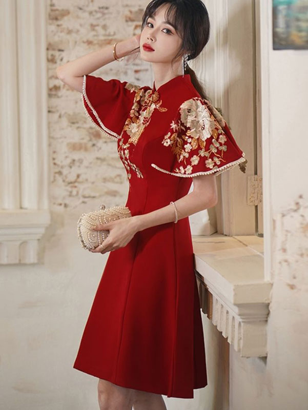 Flutter Sleeve A-line Wedding Cheongsam Qi Pao Dress