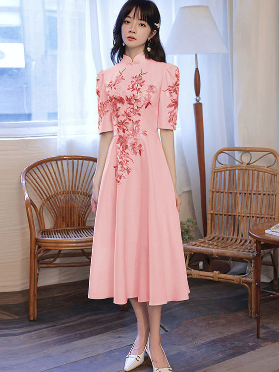 open lace back dress Embroidered Floral Fit & Flare Cheongsam Qipao Prom Dress