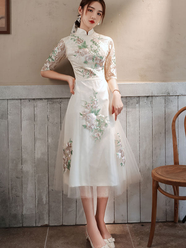 White Appliques Tea Length Cheongsam Qipao Dress