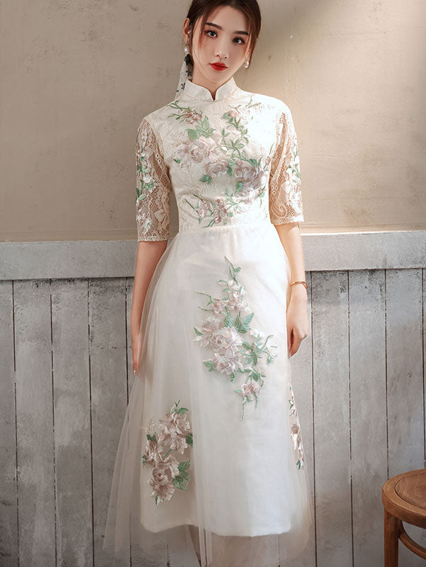 White Appliques Tea Length Cheongsam Qipao Dress