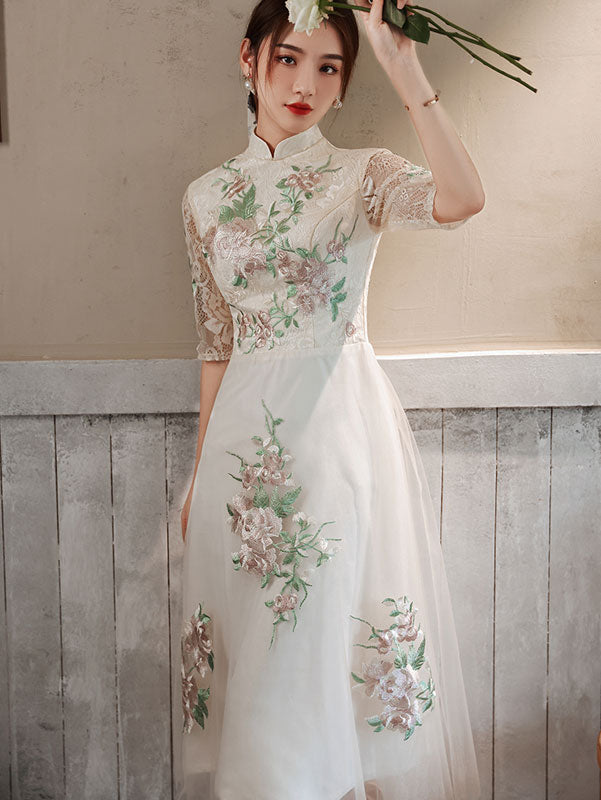 White Appliques Tea Length Cheongsam Qipao Dress