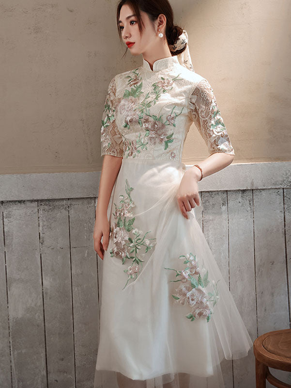 White Appliques Tea Length Cheongsam Qipao Dress