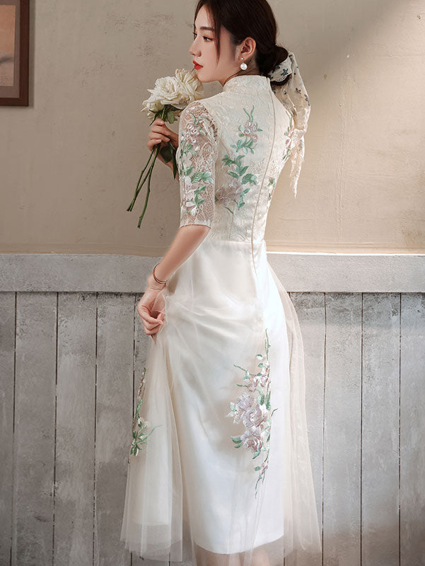 White Appliques Tea Length Cheongsam Qipao Dress