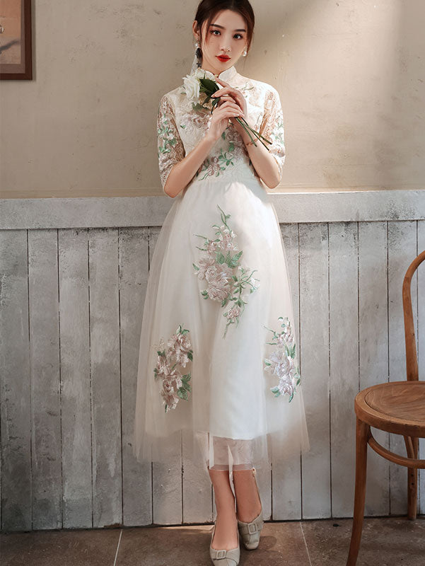 White Appliques Tea Length Cheongsam Qipao Dress
