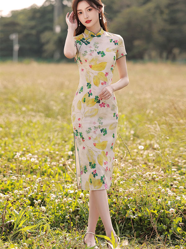 Floral Linen Mid Tea Cheongsam Qipao Dress - IMALLURE L