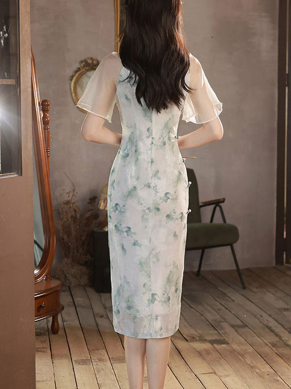 Summer Jacquard Floral Flutter Sleeve Qipao Cheongsam Dress