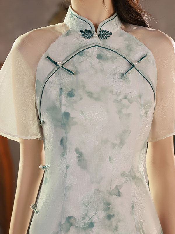 Summer Jacquard Floral Flutter Sleeve Qipao Cheongsam Dress